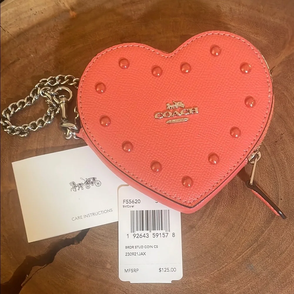 Coach Coral Heart Coin Purse with Metal Studs - Picture 4 of 8